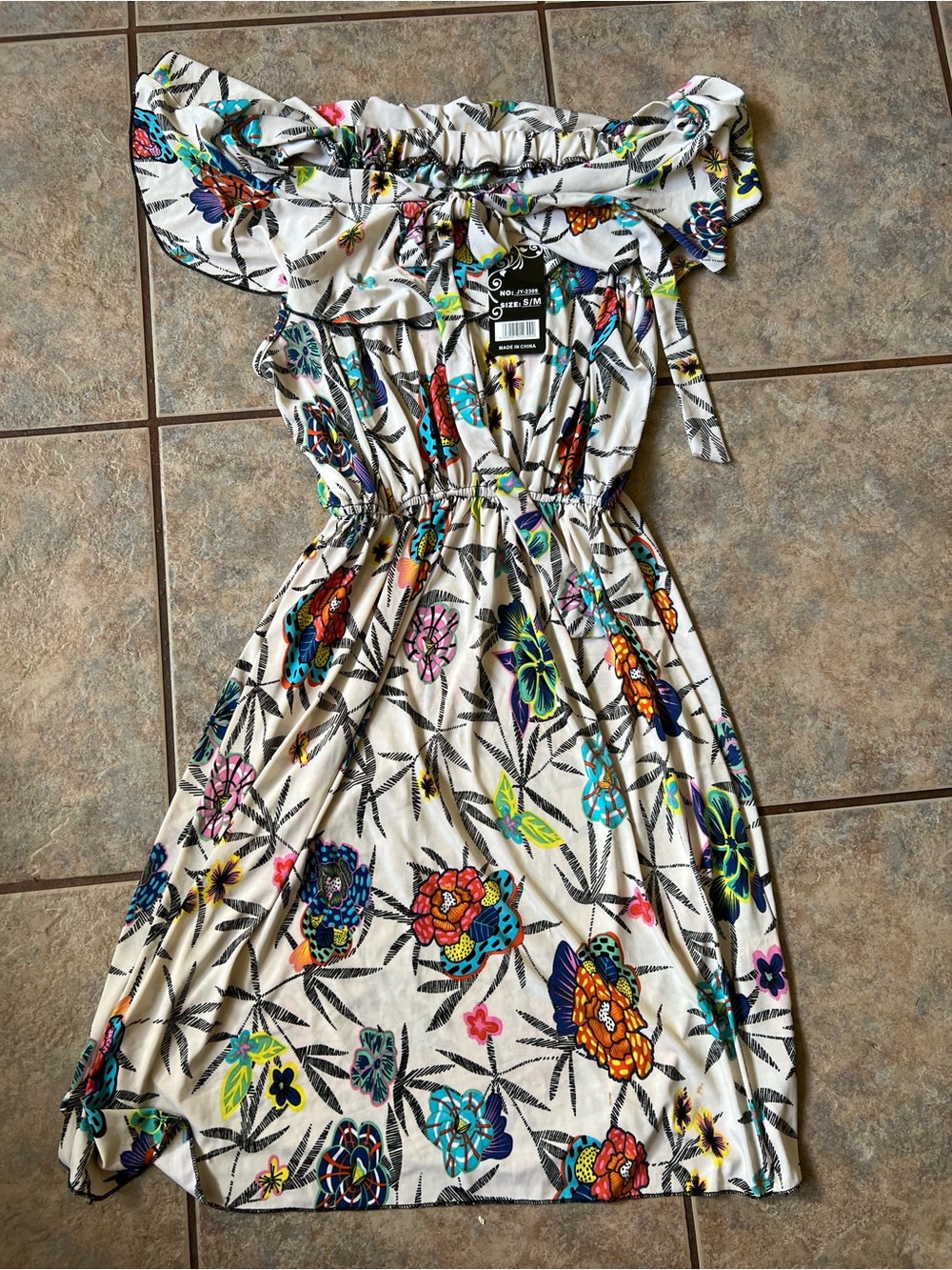 Off-Shoulder Floral Midi Dress - White with Multi-Color Print